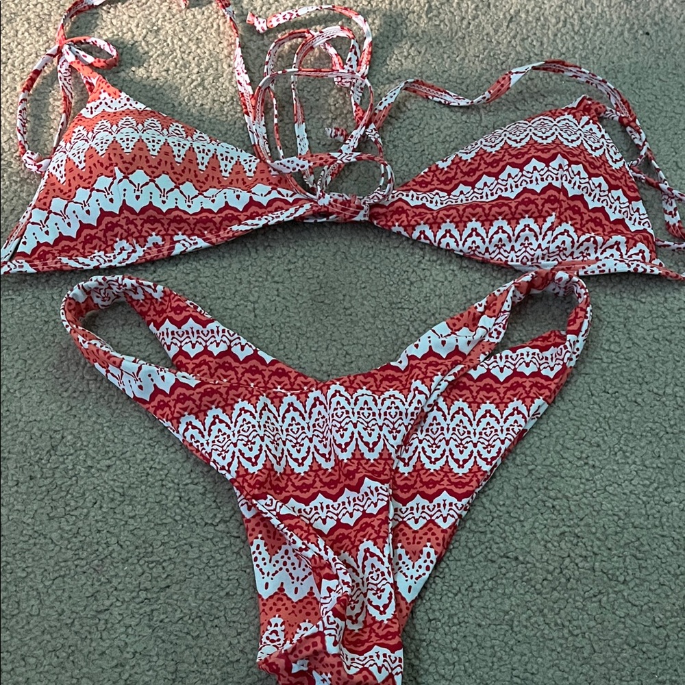 orange and White Patterned Bikini Set